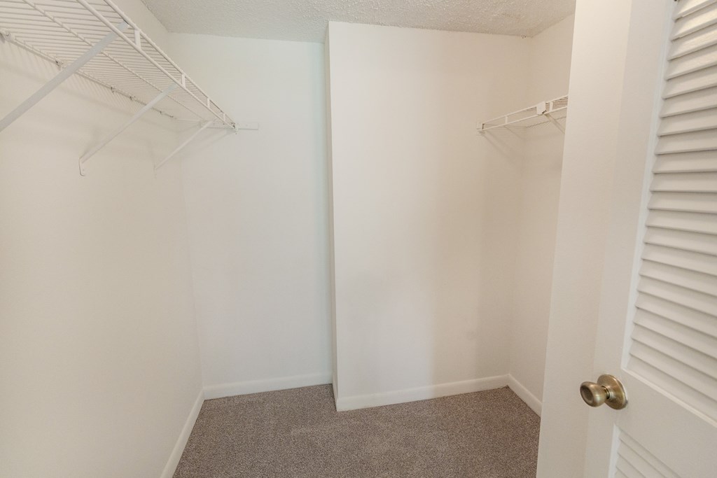 A white closet with a carpeted floor and a white door.